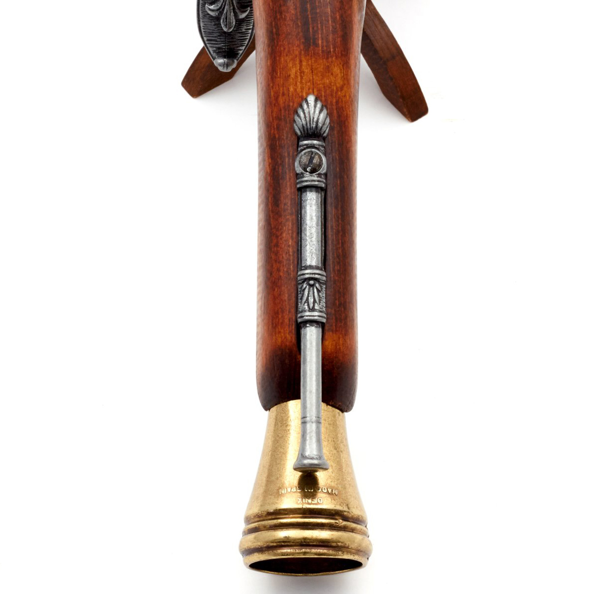 Pistola de chispa pirata zurda de madera y metal acabado latón S.XVIII