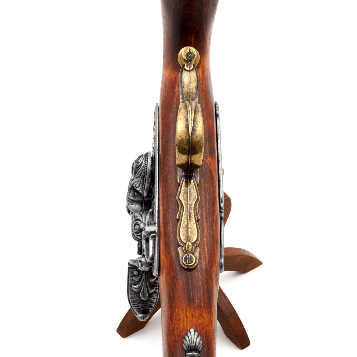 Pistola de chispa pirata zurda de madera y metal acabado latón S.XVIII