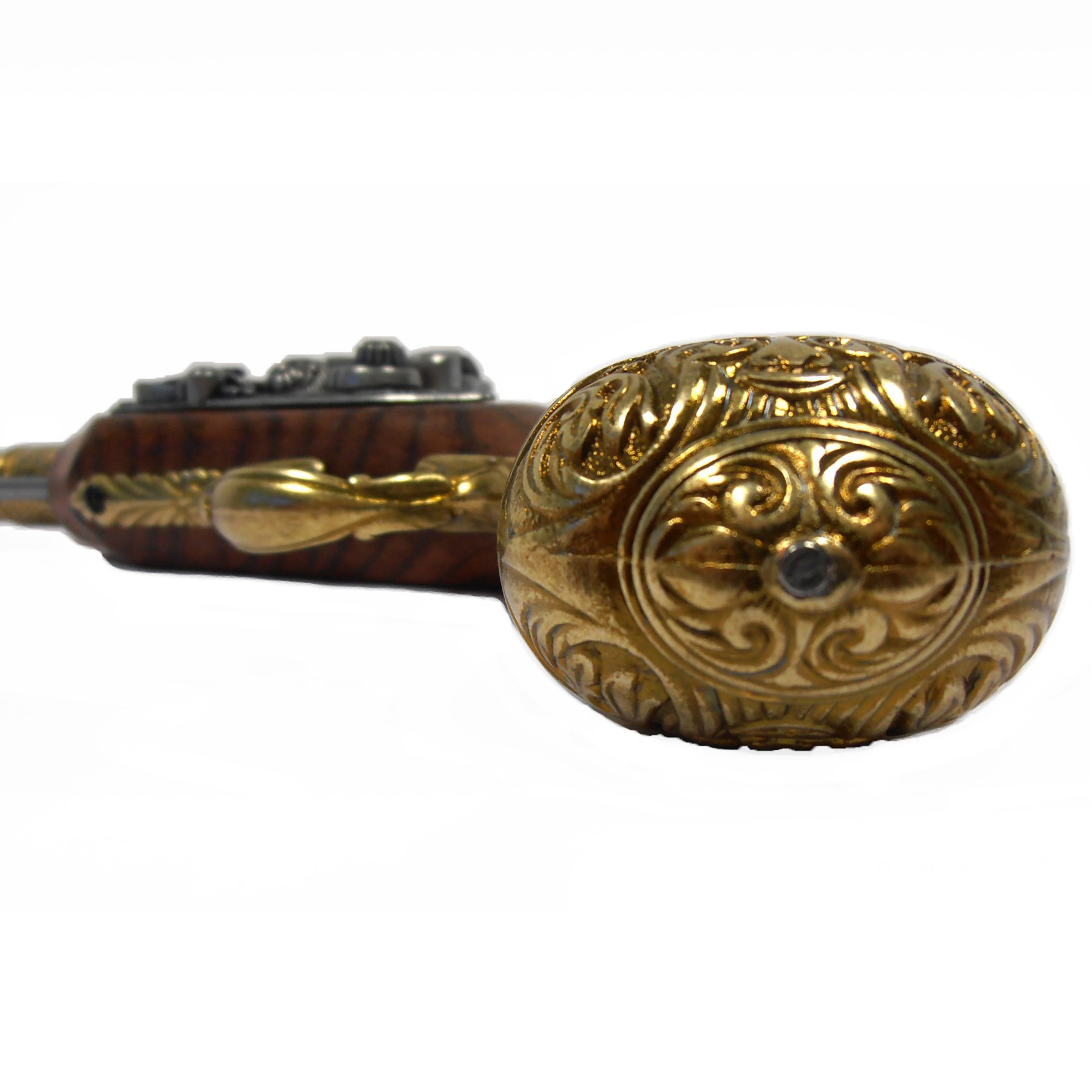 Pistola de chispa zurda de madera y metal acabado latón, India S. XVIII