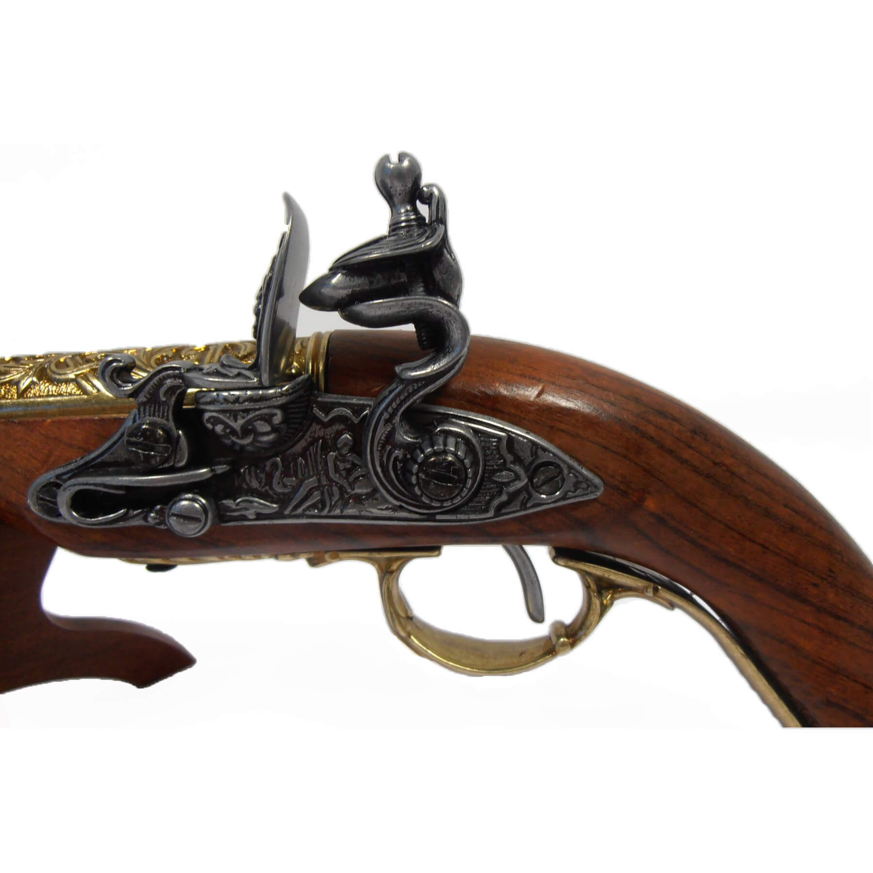 Pistola de chispa zurda de madera y metal acabado latón, India S. XVIII