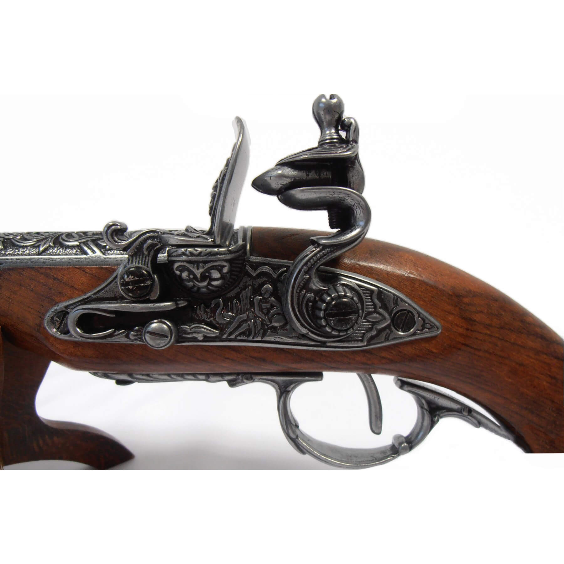 Pistola de chispa zurda de madera y metal, India S. XVIII