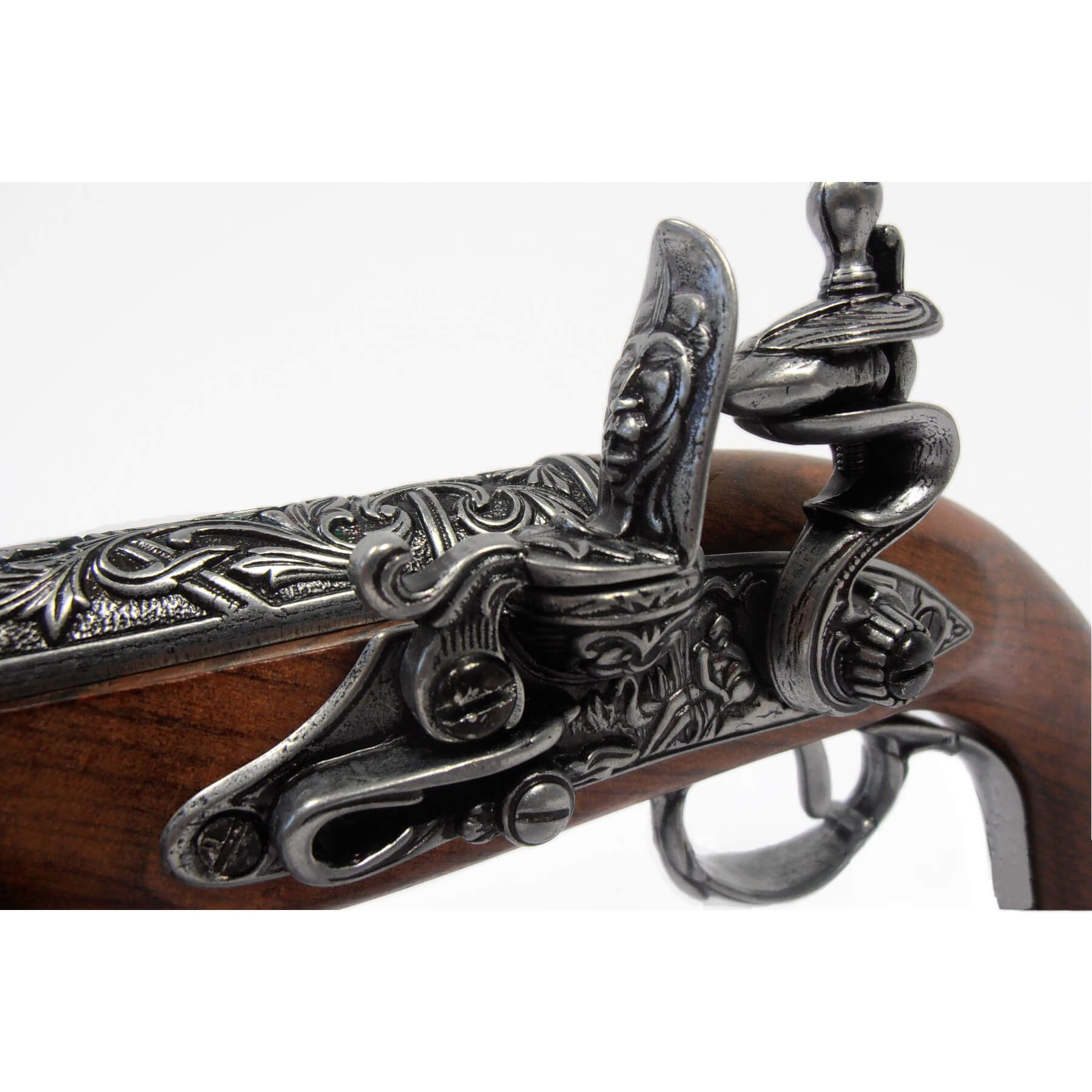 Pistola de chispa zurda de madera y metal, India S. XVIII