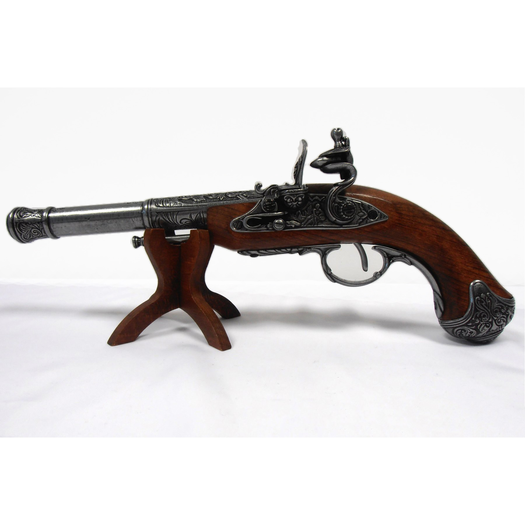 Pistola de chispa zurda de madera y metal, India S. XVIII