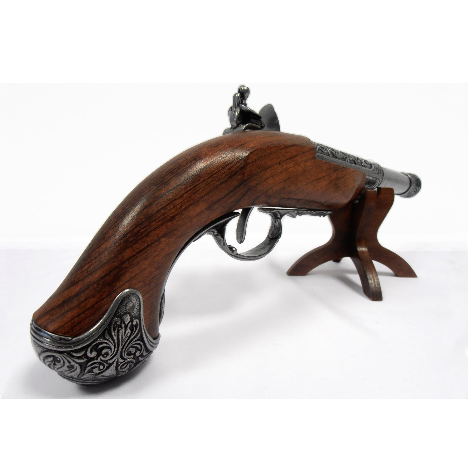 Pistola de chispa zurda de madera y metal, India S. XVIII