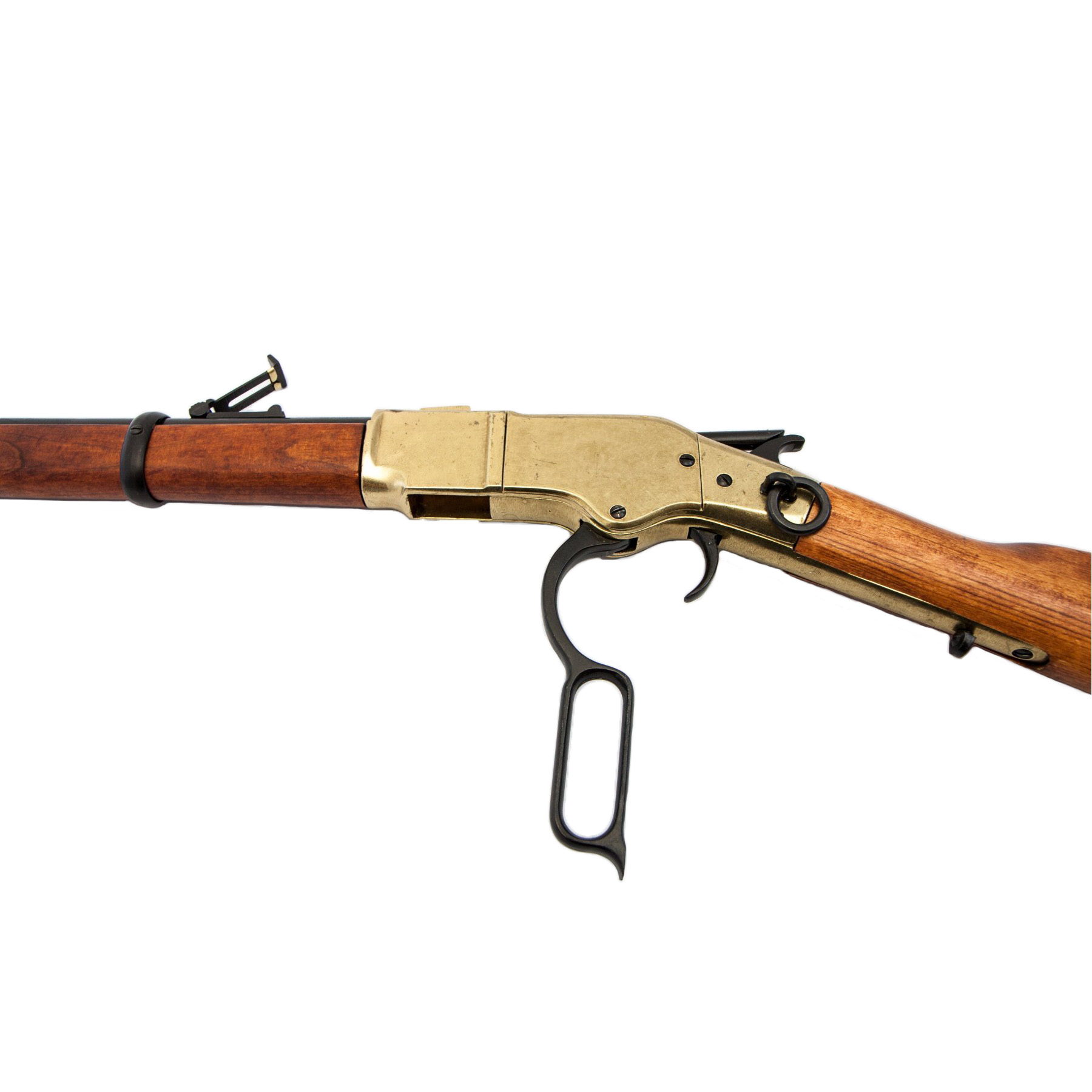 Carabina modelo 66, EUA 1866, feita de latão e metal com acabamento em madeira