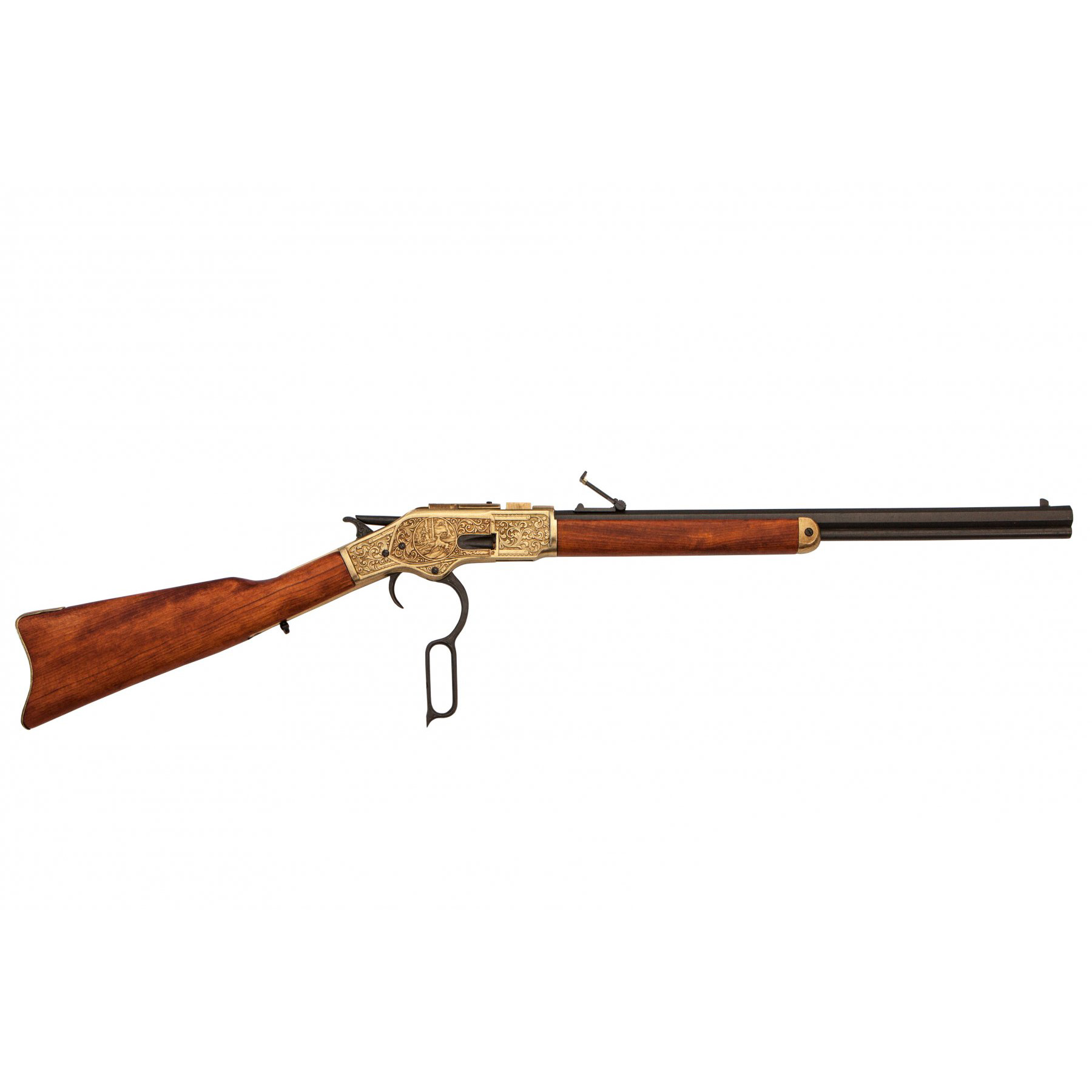 Carabina modelo 73, EUA 1873, fabricada em latão e metal com acabamento em madeira