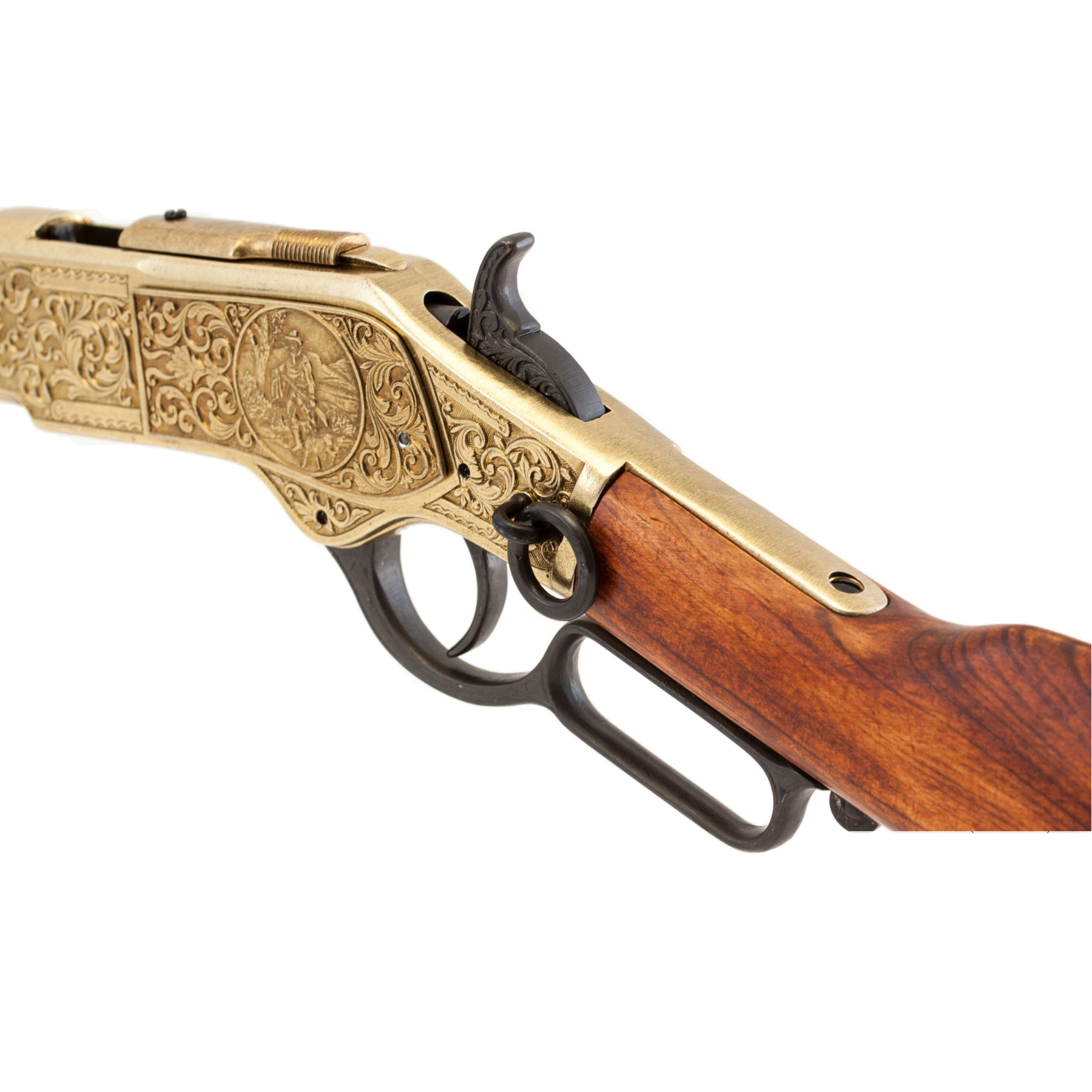 Carabina modelo 73, EUA 1873, fabricada em latão e metal com acabamento em madeira