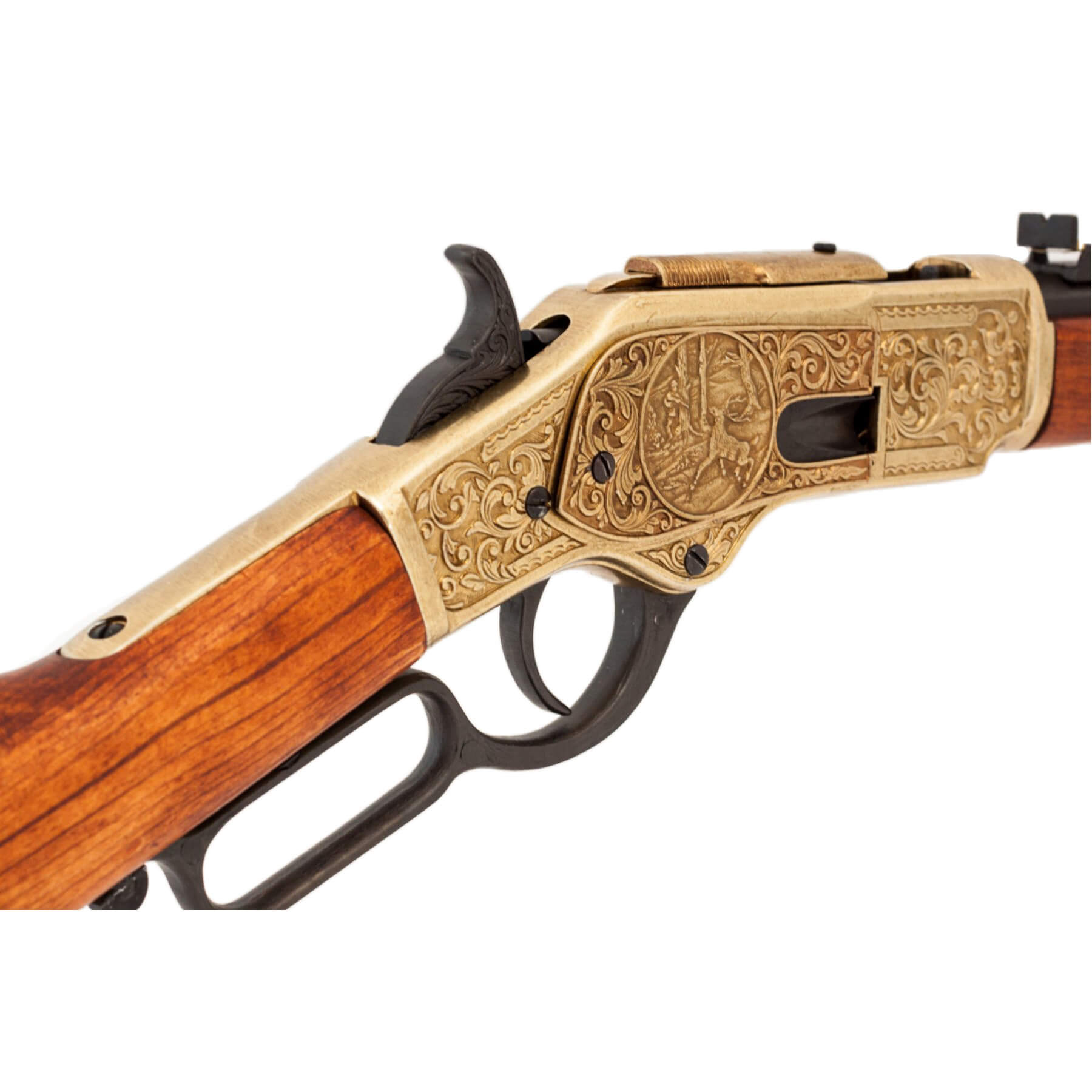 Carabina modelo 73, EUA 1873, fabricada em latão e metal com acabamento em madeira