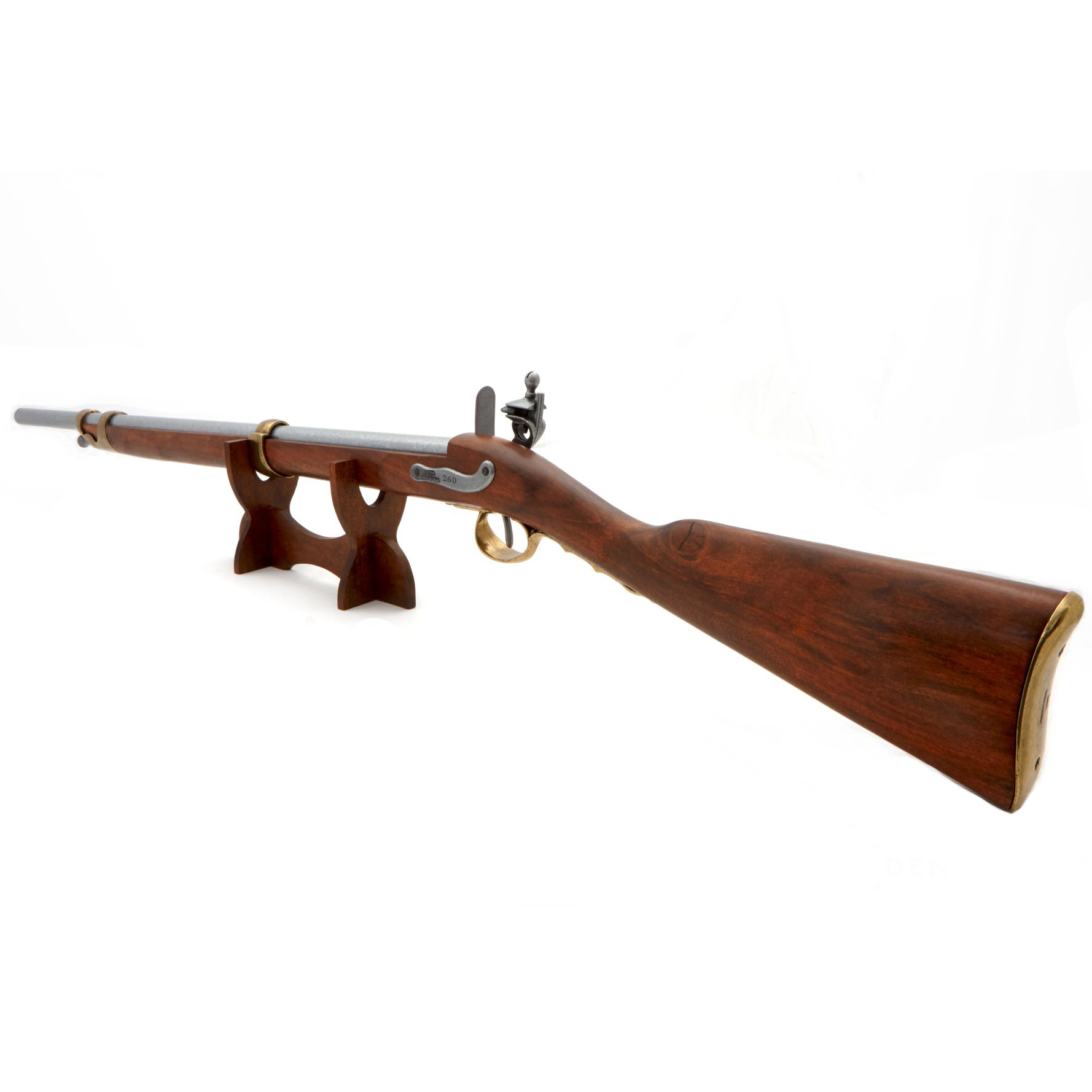 Carabina de pederneira, França 1806, fabricada em madeira e metal com detalhes em latão