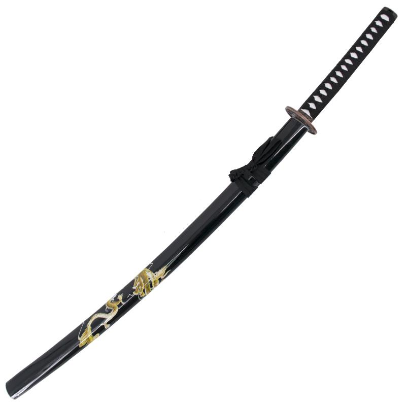 Katana decorativa con vaina negra con dragón y puño negro