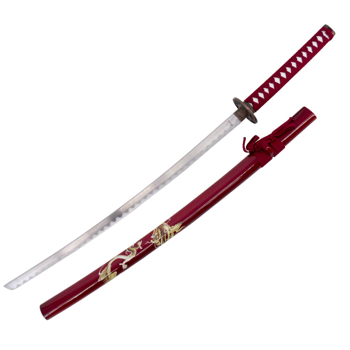 Katana decorativa com bainha vermelha com dragão e punho vermelho