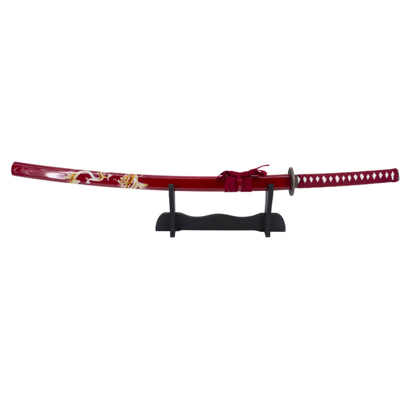 Decorative katana with red scabbard with dragon and red hilt