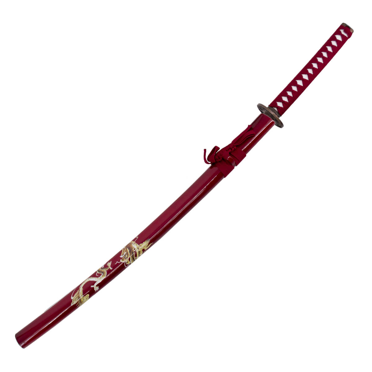 Decorative katana with red scabbard with dragon and red hilt