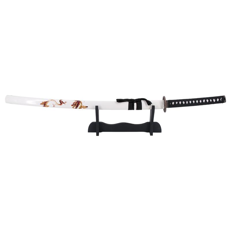 Decorative katana with white scabbard with dragon and black hilt