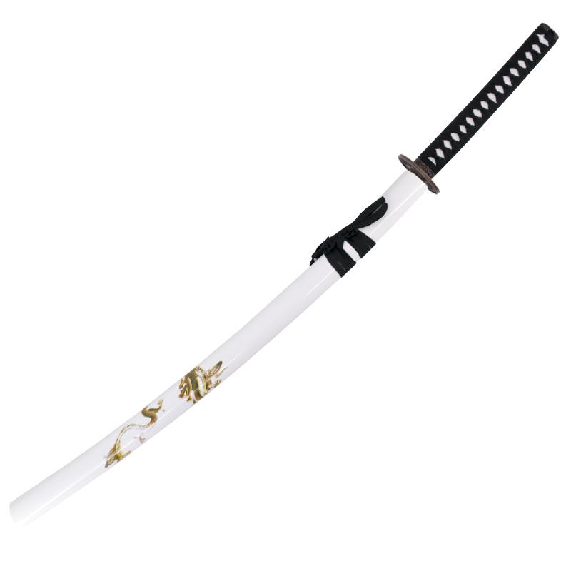 Decorative katana with white scabbard with dragon and black hilt