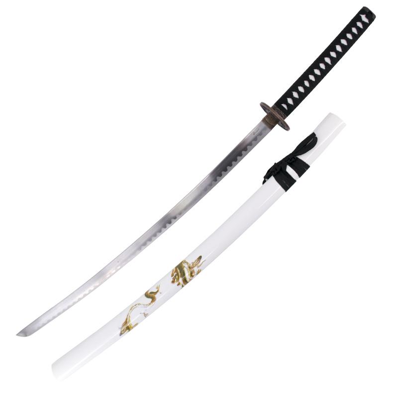 Decorative katana with white scabbard with dragon and black hilt