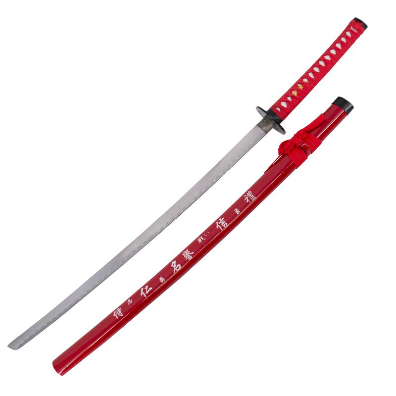Decorative katana with red scabbard with inscription