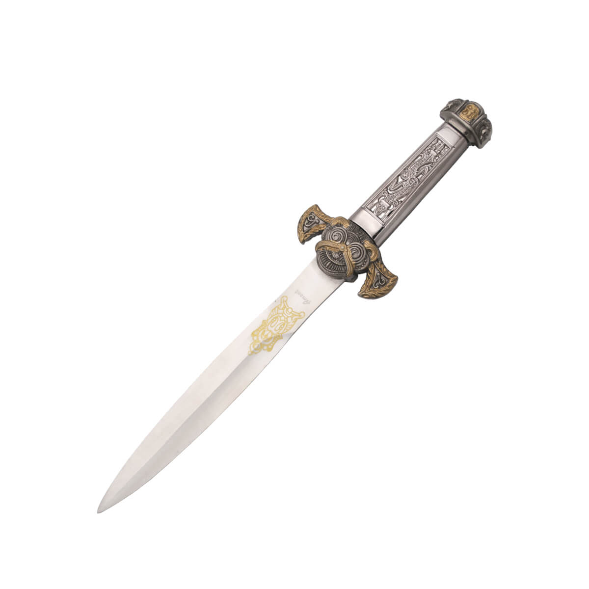 Adaga asteca com punho colorido em níquel e pomo e guarda ilustra...