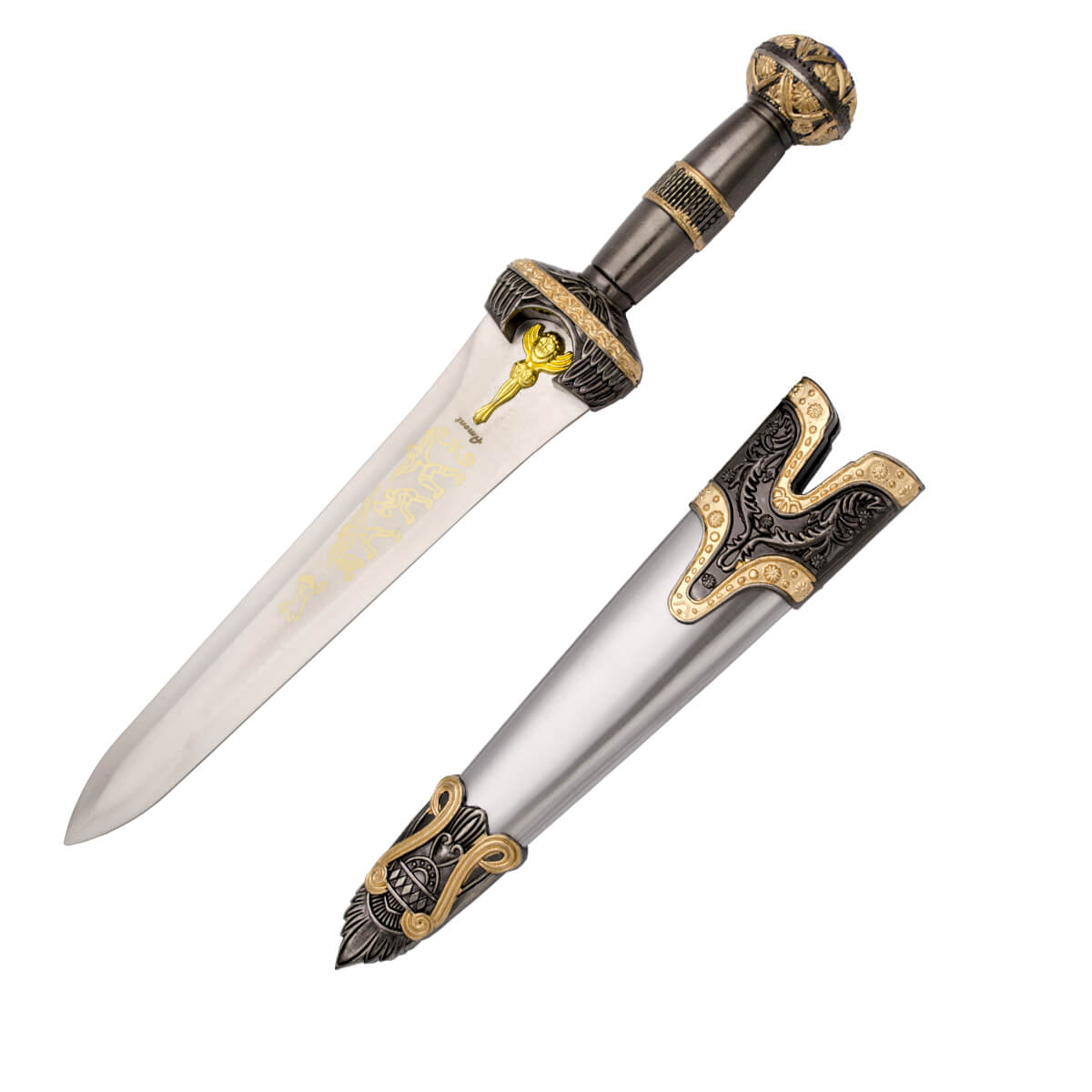 Adaga Grega com cabo e guarda na cor níquel e bronze e bainha de metal decorada