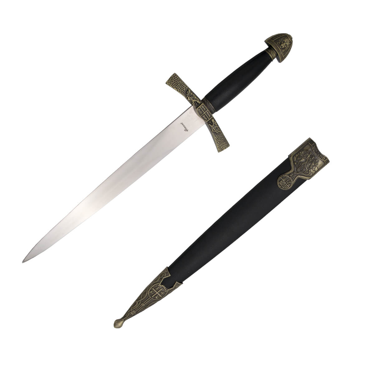 Adaga de Ivanhoe com pomo e guarda cor de bronze e punho e bainha...