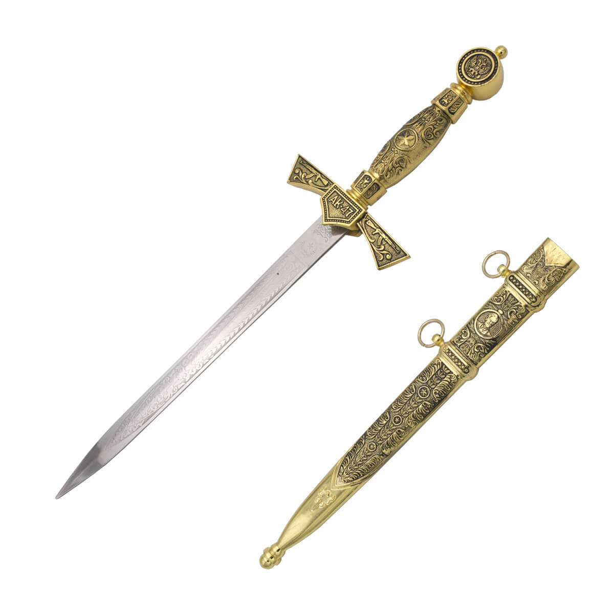 Adaga AK-47 com pomo, guarda e punho na cor ouro e lâmina com gra...