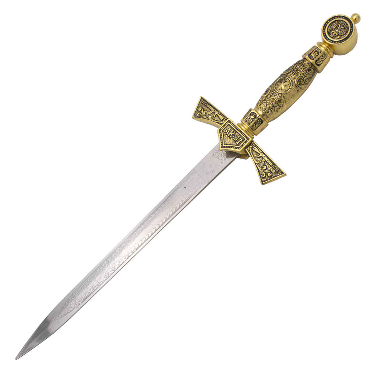 AK-47 dagger with pommel, guard and hilt in gold color and blade with engravings of 24.5 cm