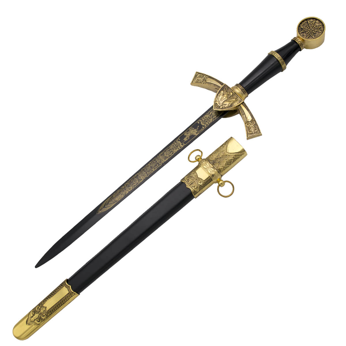 Punhal medieval com pomo e guarda na cor ouro e lâmina preta com ...