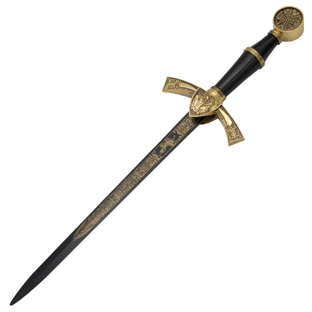 Medieval dagger with pommel and guard in gold color and black blade with engravings of 29.5 cm