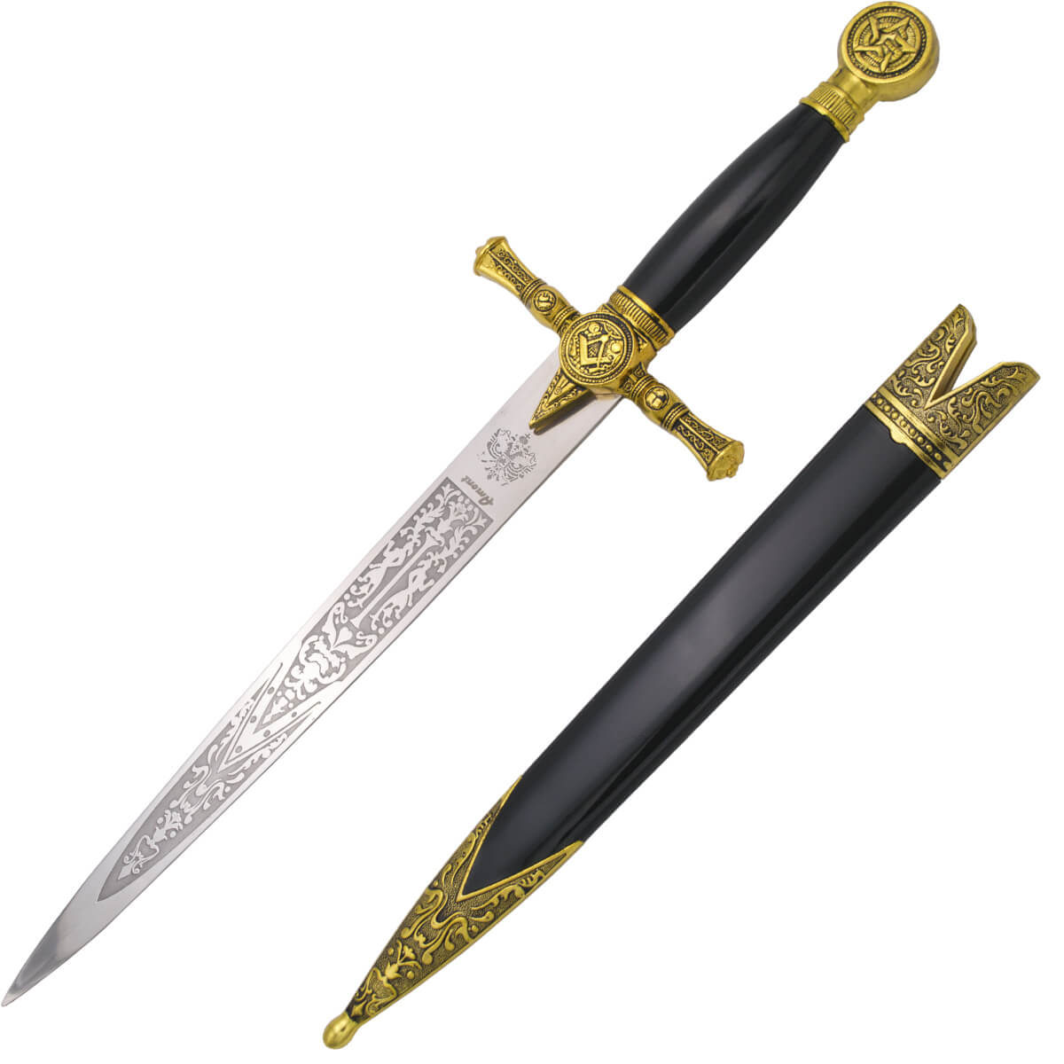 Masonic dagger with pommel and guard in bronze color and blade with engravings of 24 cm