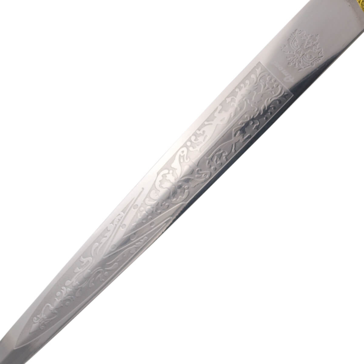 Adaga romana com pomo e guarda na cor bronze e lâmina com gravuras de 24 cm