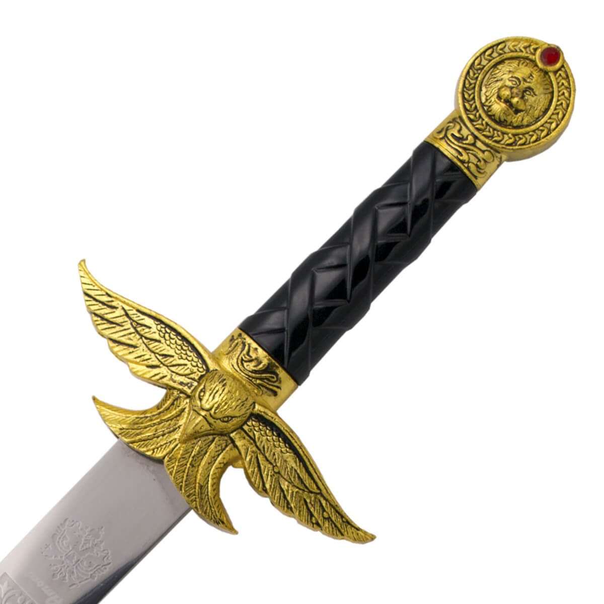 Adaga romana com pomo e guarda na cor bronze e lâmina com gravuras de 24 cm