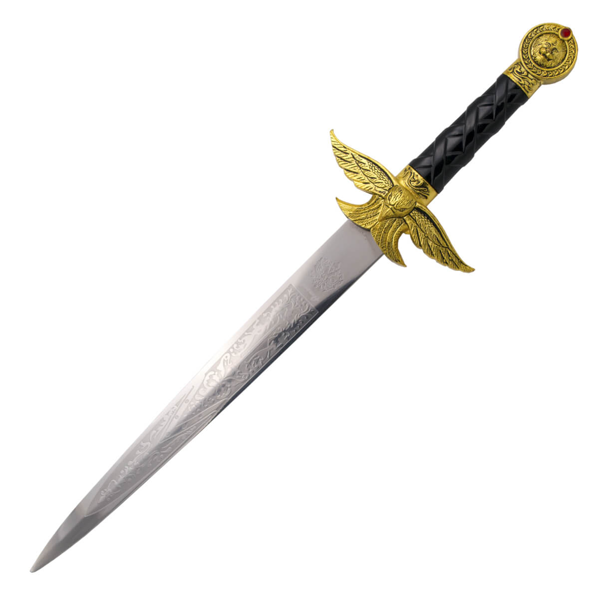 Adaga romana com pomo e guarda na cor bronze e lâmina com gravuras de 24 cm