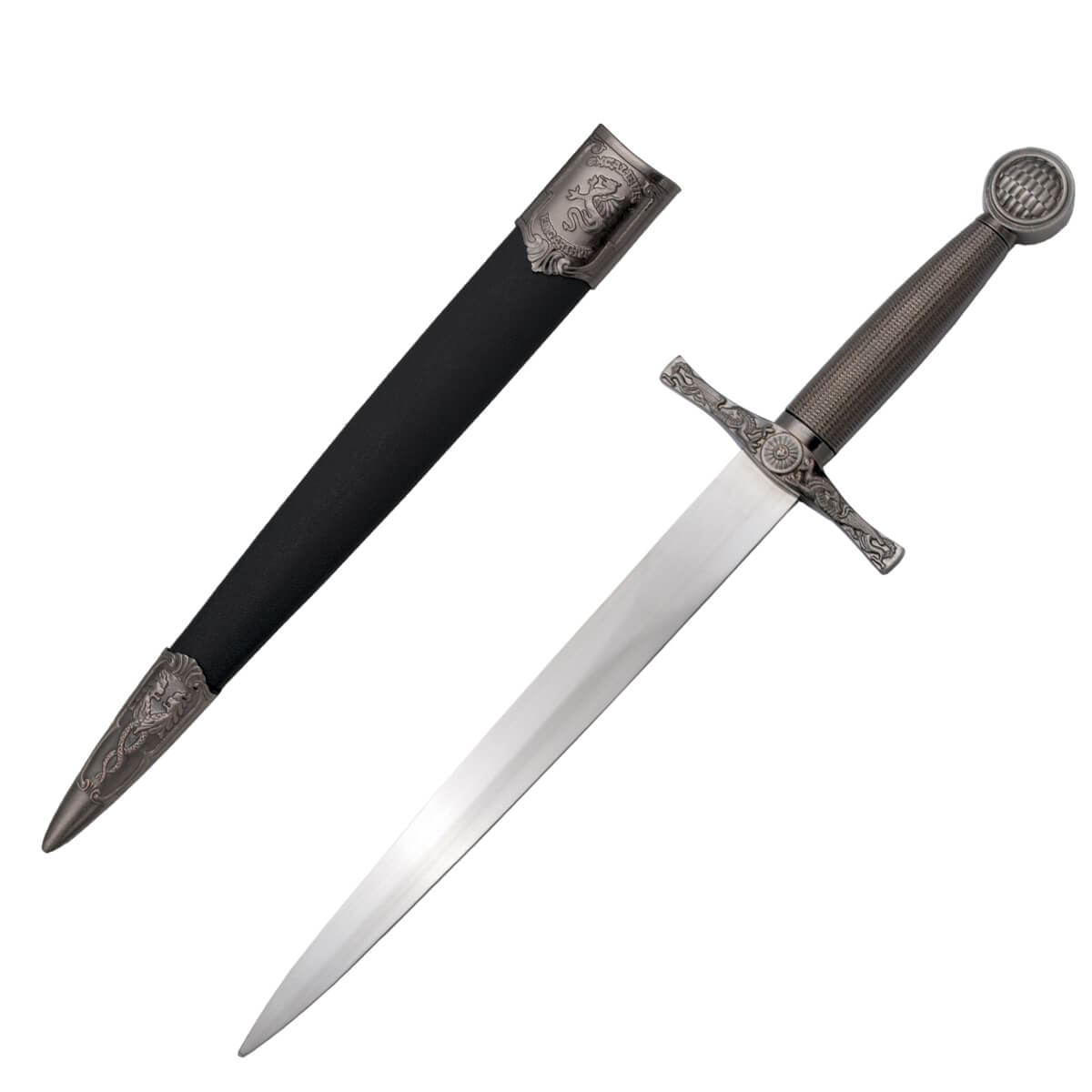 Adaga Excalibur com pomo, proteção e punho de cor níquel e bainha...