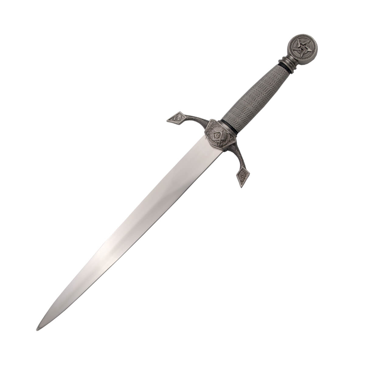 Freimaurerdolch mit Pomo-Parierstange und nickelfarbenem Griff und schwarzer Scheide