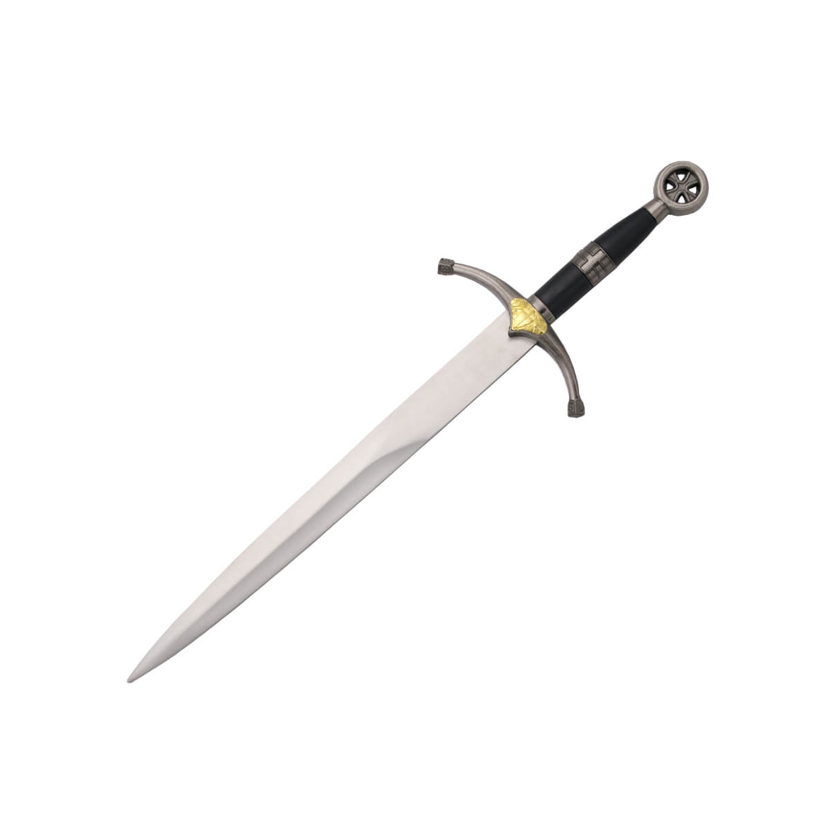 Punhal cruzado medieval com pomo de níquel e dourado com cruz e b...