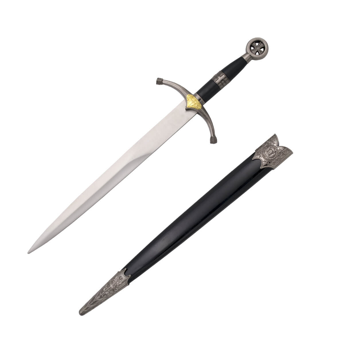 Punhal cruzado medieval com pomo de níquel e dourado com cruz e bainha preta