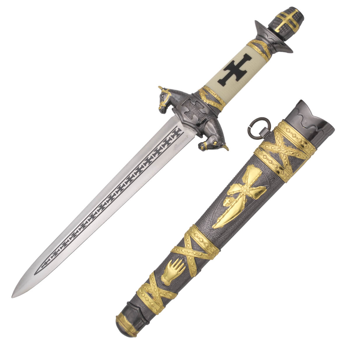 Punhal de cavaleiro medieval com pomo e guarda na cor níquel e fo...