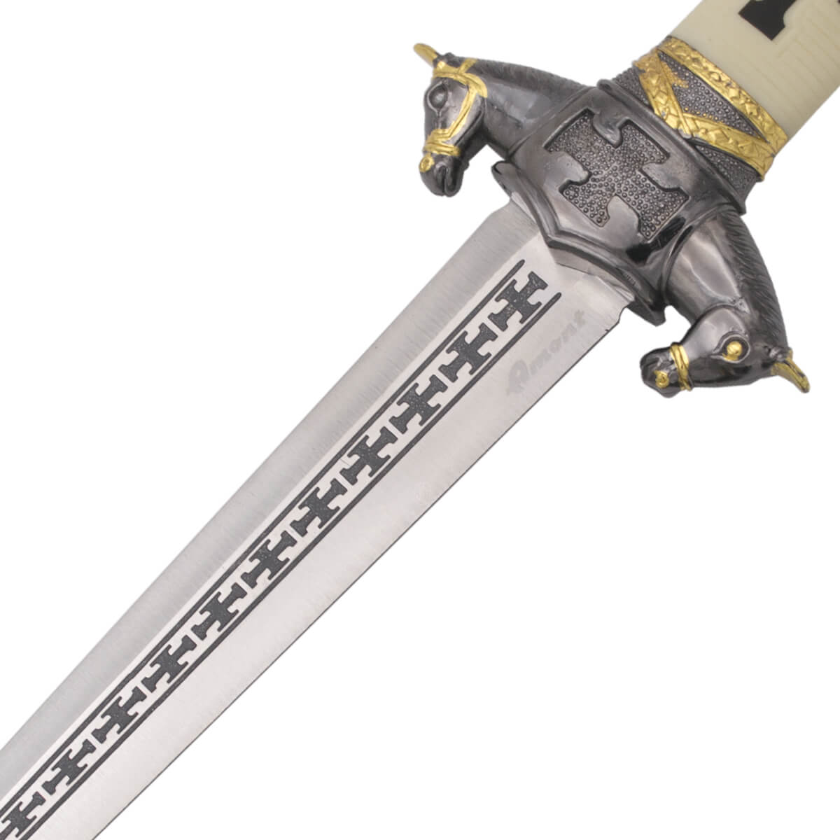 Mittelalterlicher Ritterdolch mit Pomo und Parierstange in Nickelfarbe und Folie mit 22 cm Gravuren