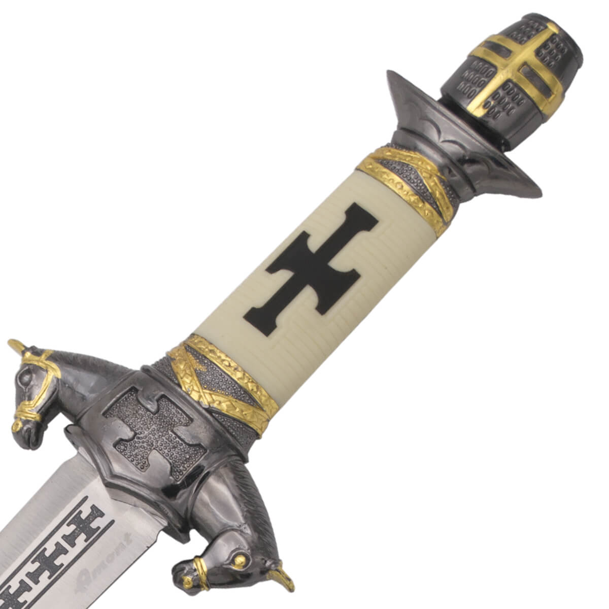 Mittelalterlicher Ritterdolch mit Pomo und Parierstange in Nickelfarbe und Folie mit 22 cm Gravuren