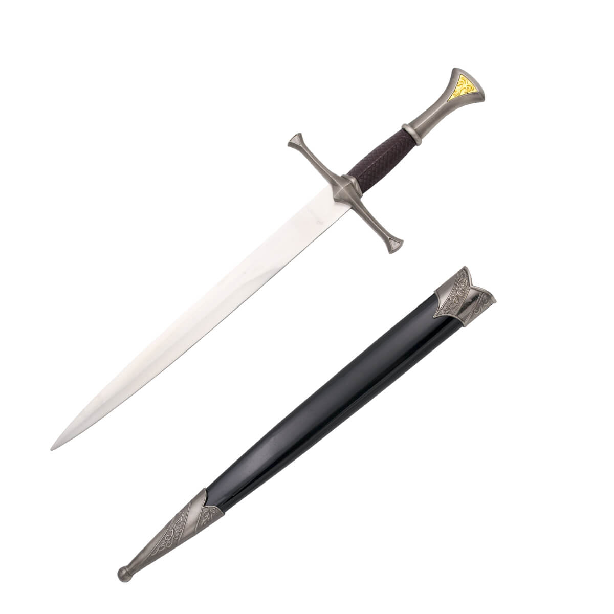 Adaga medieval com pomo de cor níquel e detalhes em ouro e bainha preta