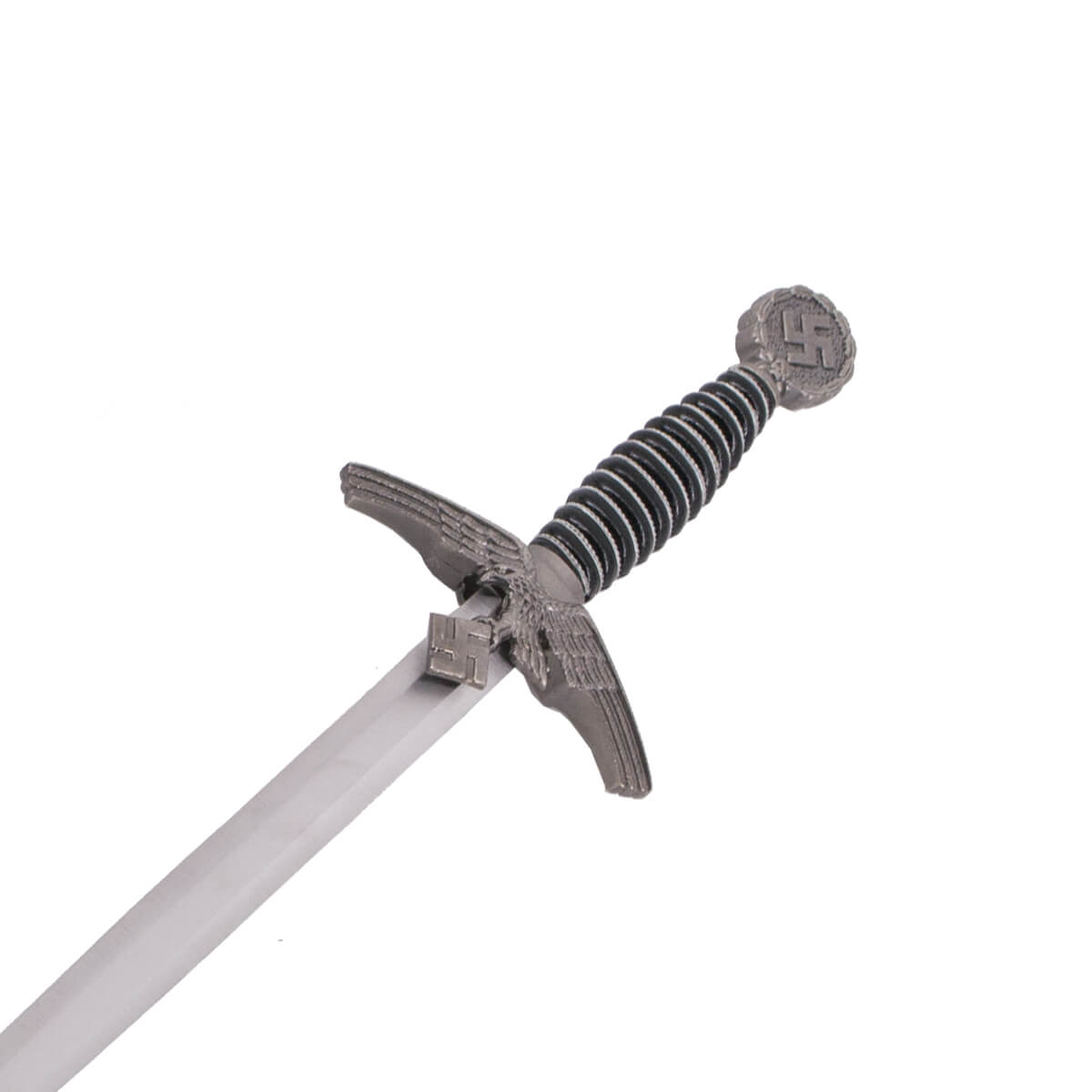 Replica SS dagger with nickel pomo and guard and black hilt and sheath