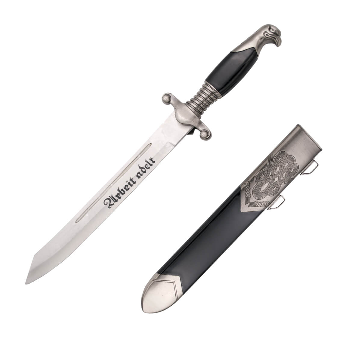 Daga con grabados y pomo de cabeza de águila en níquel con vaina negra