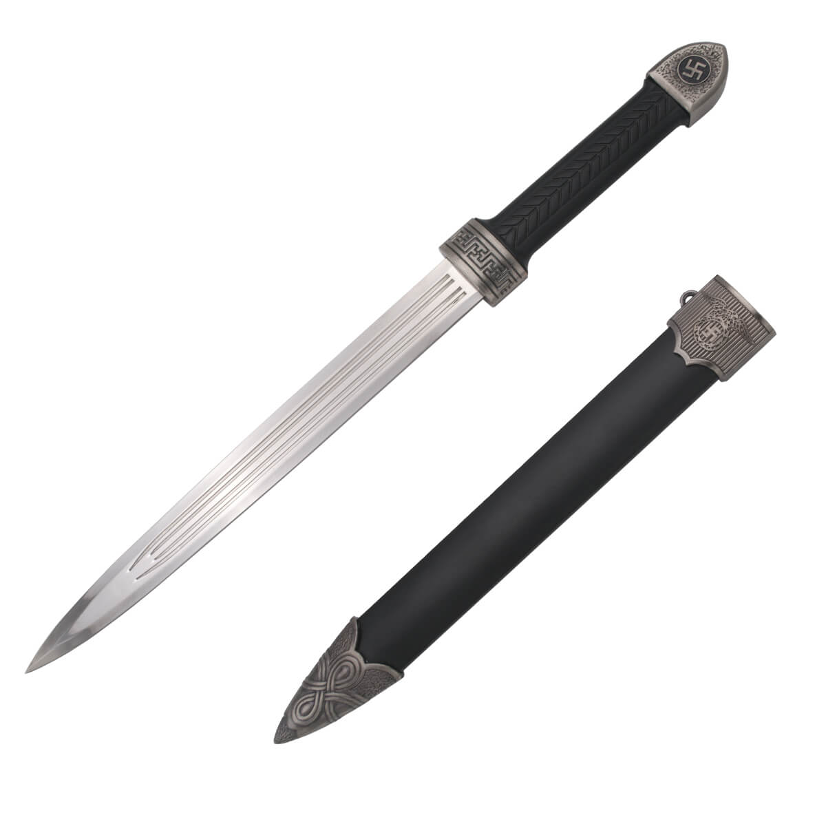 German dagger with pomo and nickel colored guard and black hilt a...