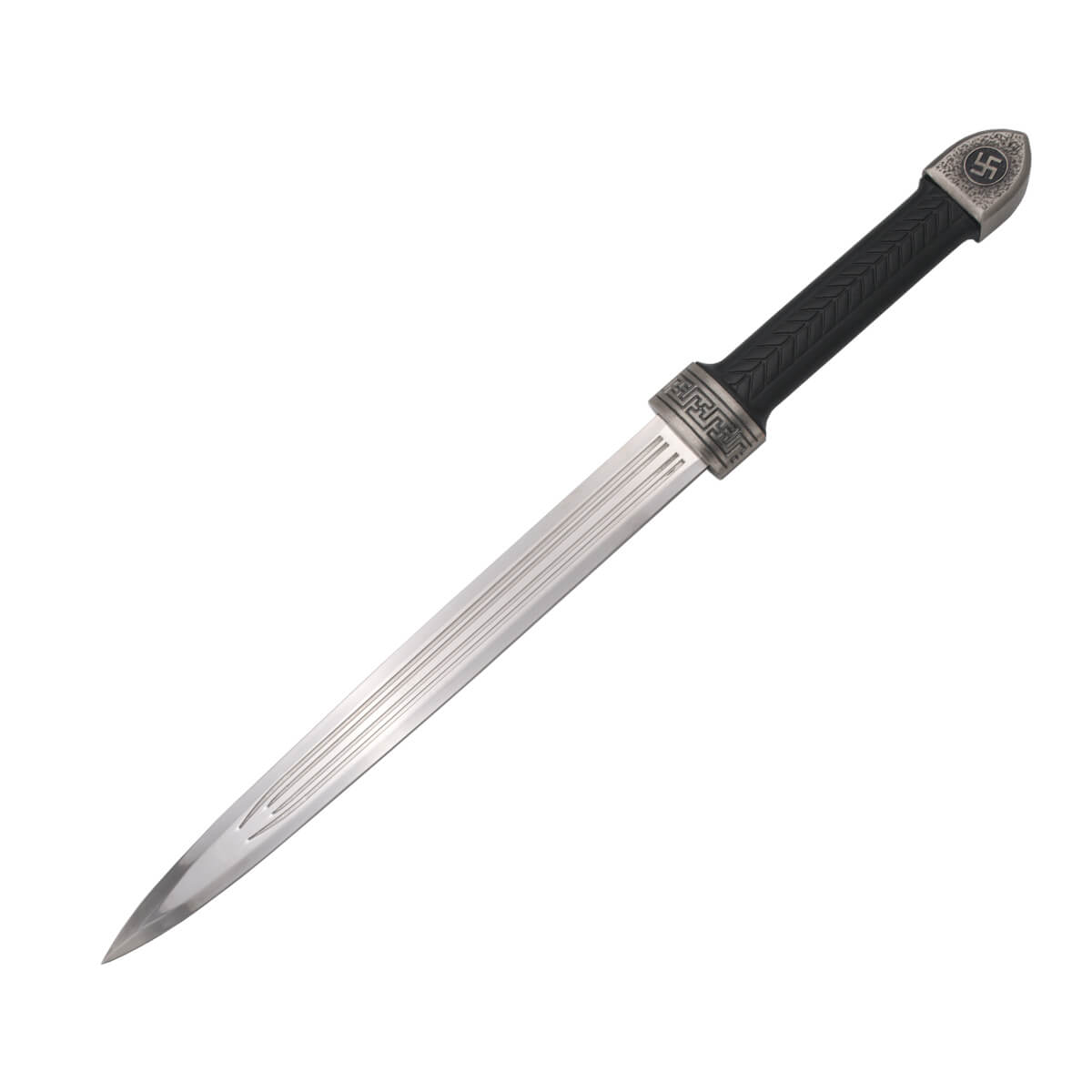 German dagger with pomo and nickel colored guard and black hilt and sheath