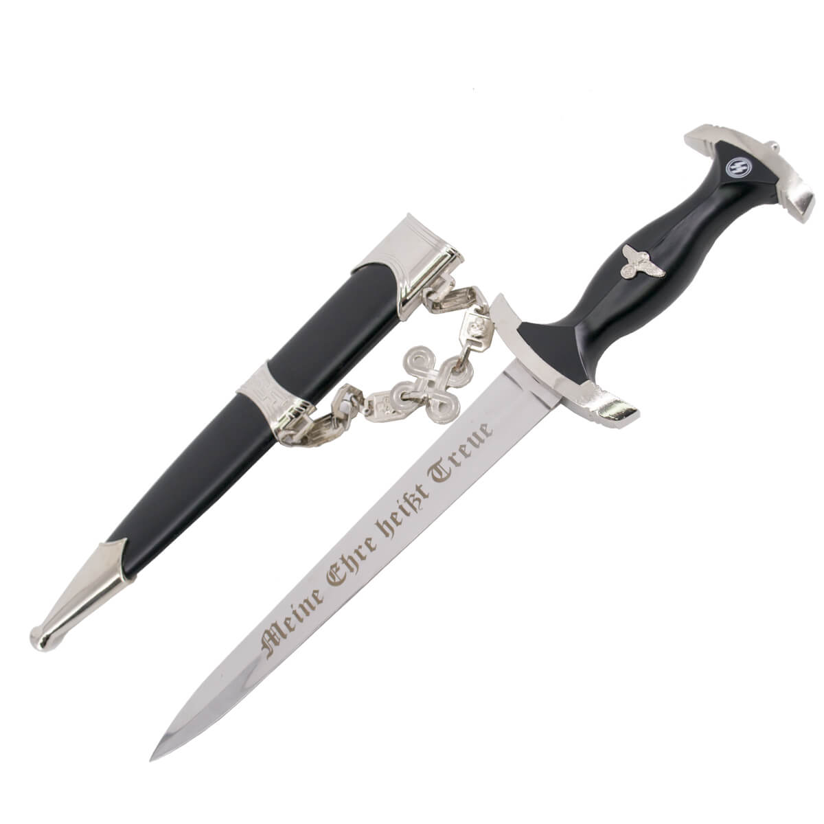 German dagger with engraving on the blade and black hilt and scab...