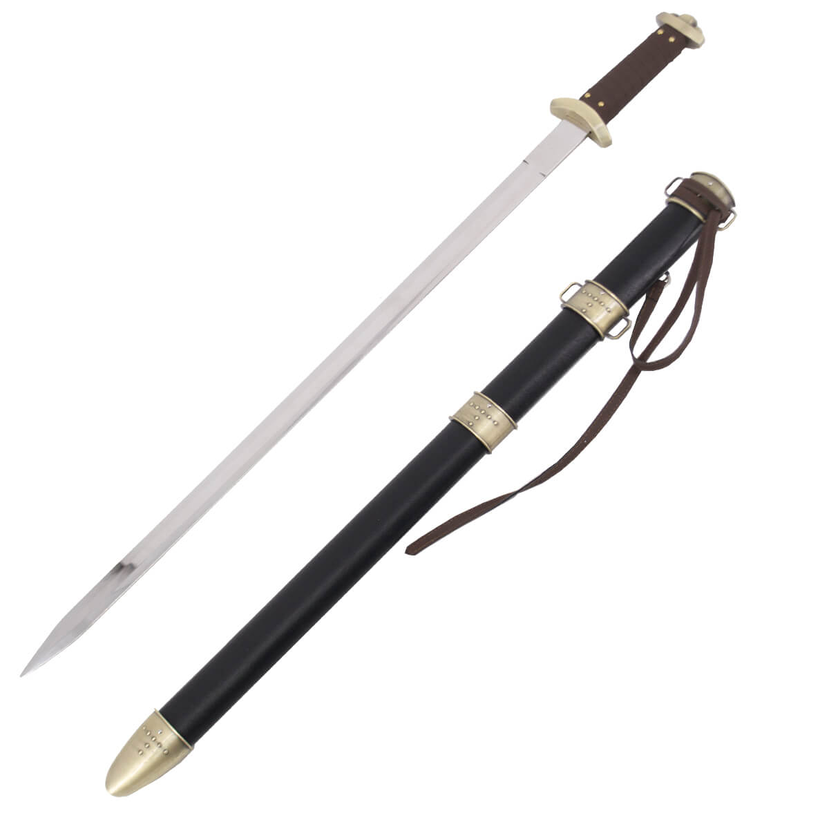 Viking sword with pomo and bronze color guard and leather hilt