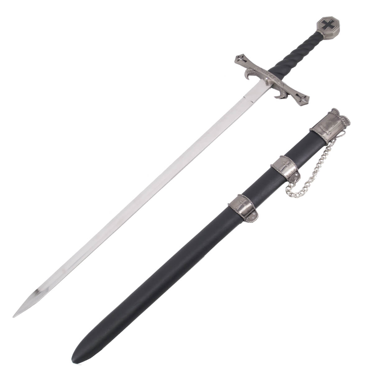 Espada templária com lâmina de aço de 68 cm e cabo preto