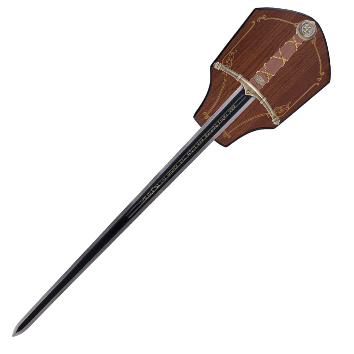 Espada Templária com gravação na lâmina e suporte para pendurar