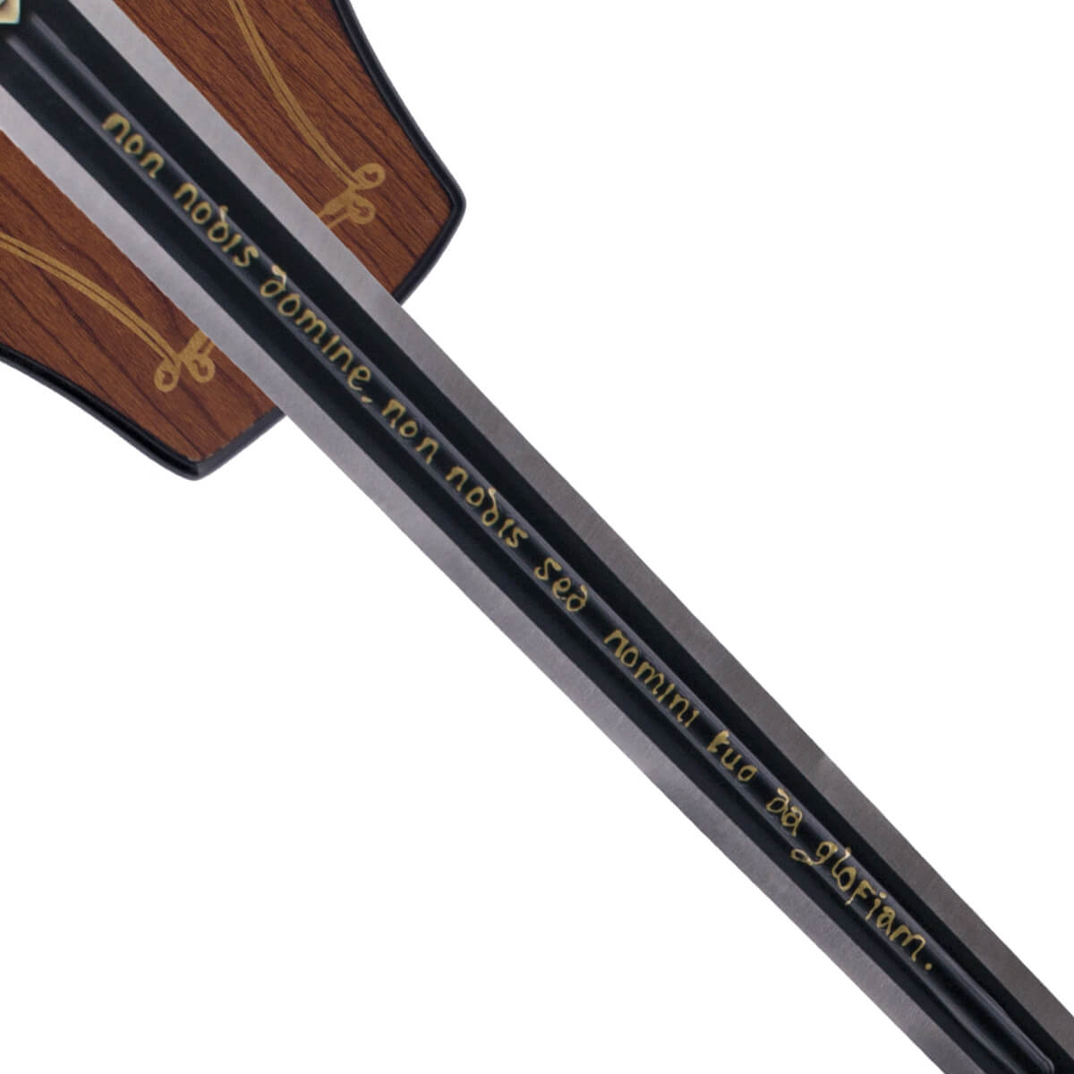 Espada Templária com gravação na lâmina e suporte para pendurar