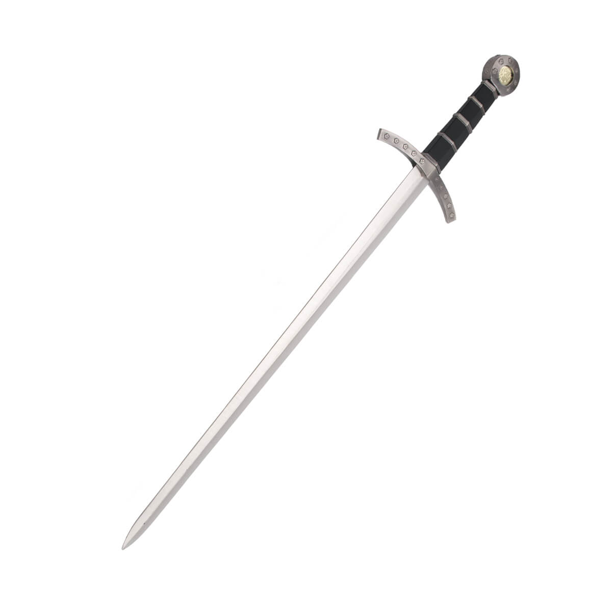 Espada medieval para cadete com pomo e guarda de cor níquel e cab...